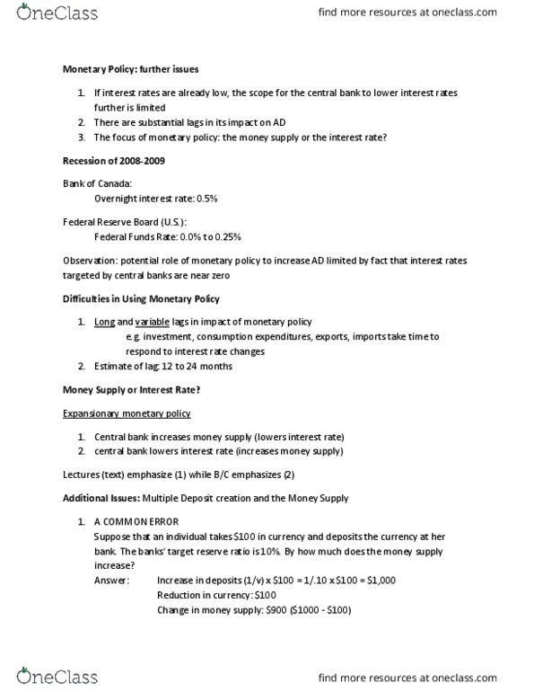 ECO100Y1 Lecture Notes - Lecture 20: Federal Funds Rate, 3, Reserve Requirement thumbnail