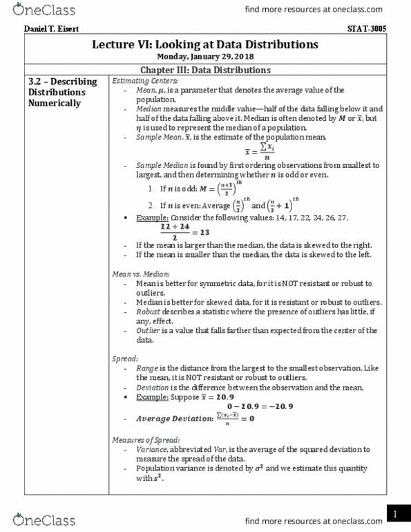 STAT 3005 Lecture Notes - Lecture 3: Robust Statistics, Interquartile Range, Variance thumbnail