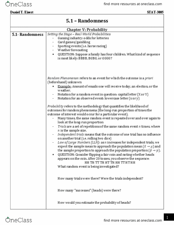 STAT 3005 Lecture Notes - Lecture 5: Weather Forecasting, Fair Coin, Randomness thumbnail