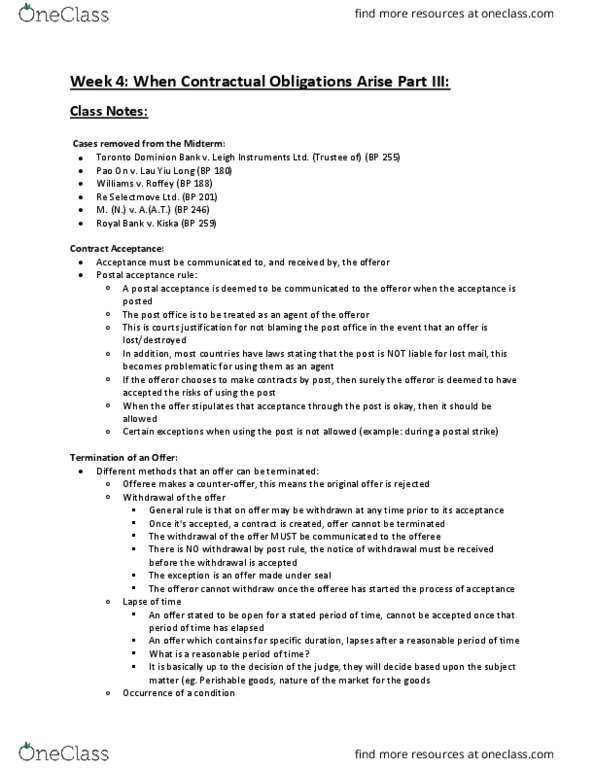 LAWS 3003 Lecture Notes - Lecture 4: Specific Performance, Contract, Forum Selection Clause thumbnail