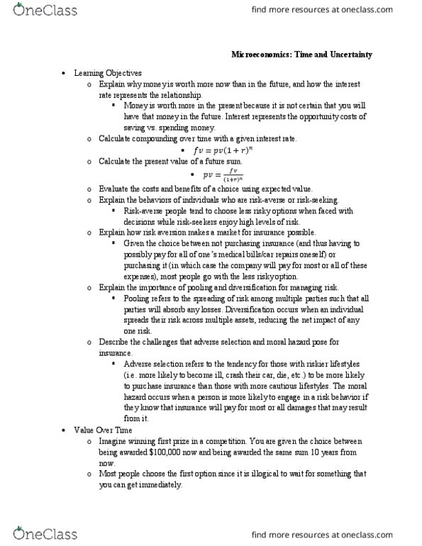 ECON 200 Chapter Notes - Chapter 11: Risk Aversion, Net Impact, Adverse Selection thumbnail