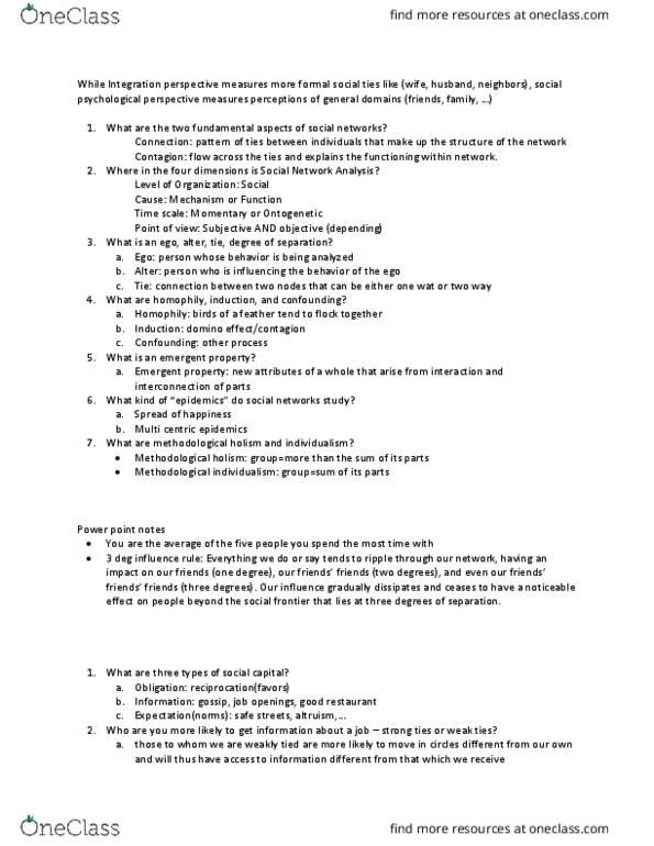 SOC 230 Lecture Notes - Lecture 4: Homophily, Methodological Individualism, Emergence thumbnail