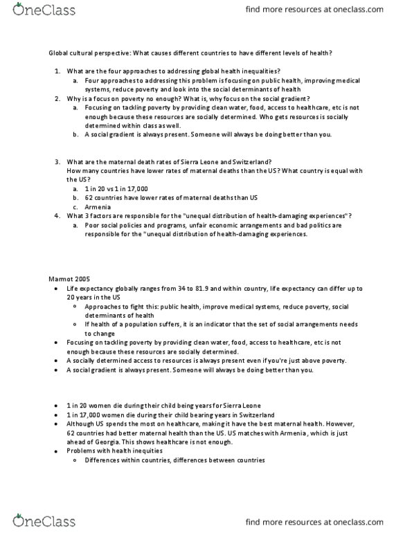 SOC 230 Lecture Notes - Lecture 13: Universal Health Care, Gini Coefficient, Whitehall Study thumbnail