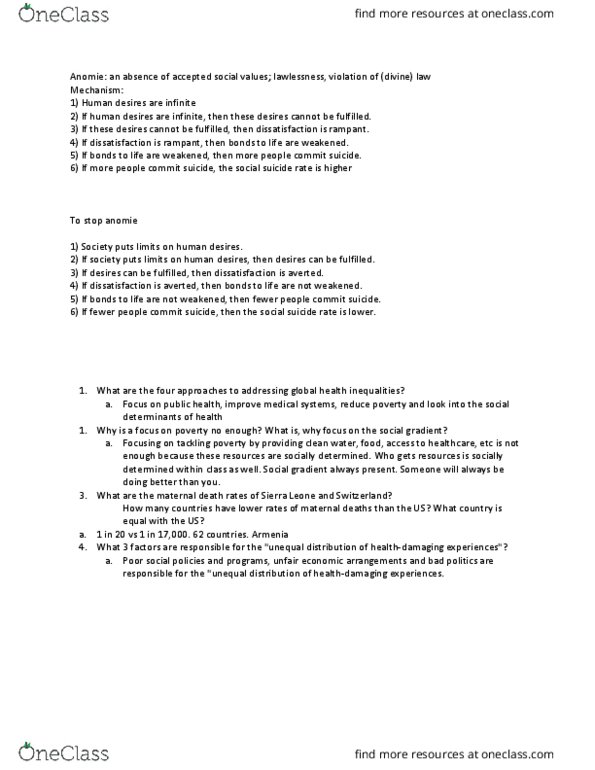 SOC 230 Lecture Notes - Lecture 15: Anomie, Global Health thumbnail