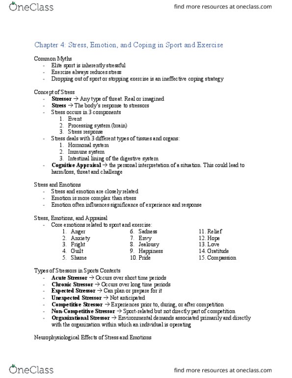 KIN354 Lecture Notes - Lecture 4: Cortisol, Avoidance Coping, Stressor thumbnail