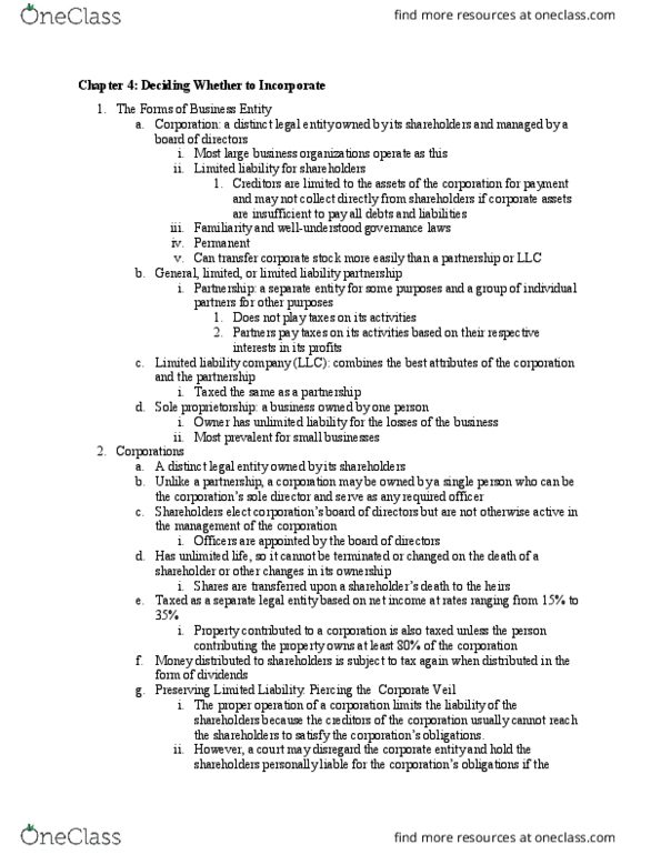 BSL 435 Chapter Notes - Chapter 4: Operating Agreement, S Corporation, Legal Personality thumbnail