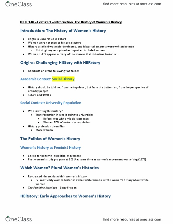 HIEU 140 Lecture Notes - Lecture 1: Feminist Movement, Betty Friedan, Gender Binary thumbnail