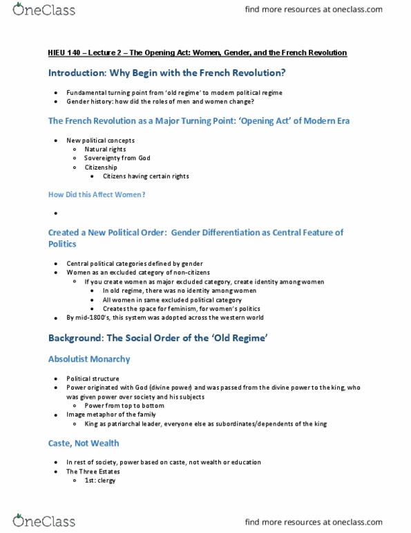HIEU 140 Lecture Notes - Lecture 2: Radicalization, Age Of Enlightenment, Estates Of The Realm thumbnail