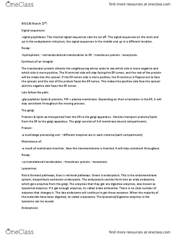 BIO130H1 Lecture Notes - Lecture 16: Endosome, Endoplasmic Reticulum, Endomembrane System thumbnail