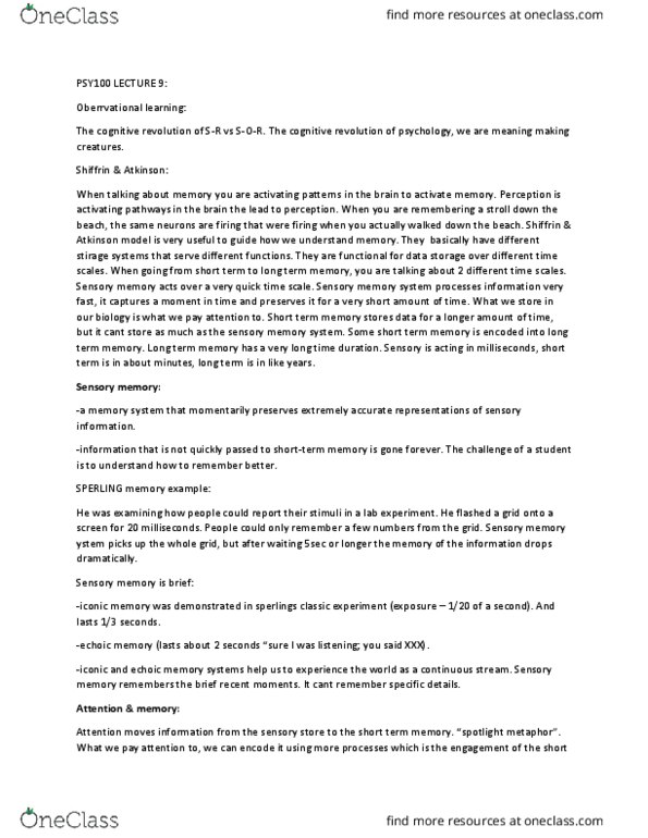 PSY100H1 Lecture Notes - Lecture 9: Echoic Memory, Sensory Memory, Cognitive Revolution thumbnail