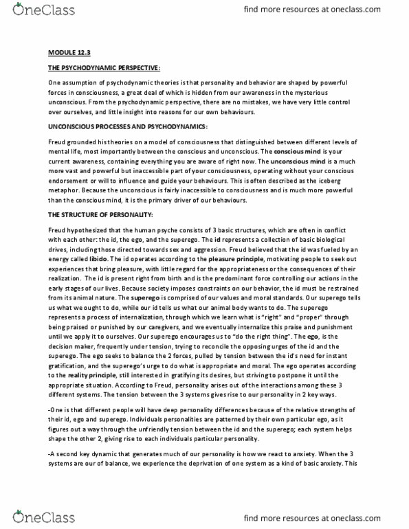 PSY100H1 Chapter Notes - Chapter 12.3: Unconscious Mind, Oral Stage, Latency Stage thumbnail