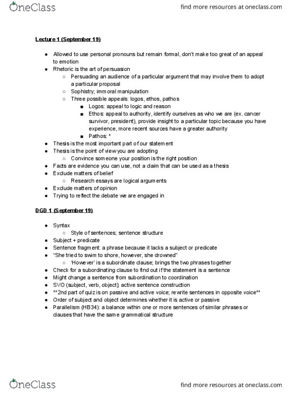 ENG 1100 Lecture Notes - Lecture 4: Comma Splice, Sentence Clause Structure, Topic Sentence thumbnail