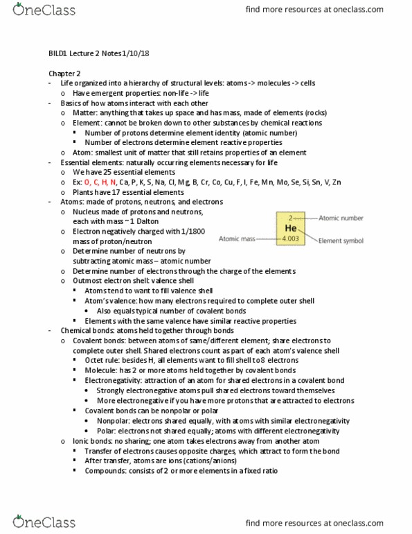 BILD 1 Lecture Notes - Lecture 2: Electron Shell, Atomic Number, Endorphins thumbnail