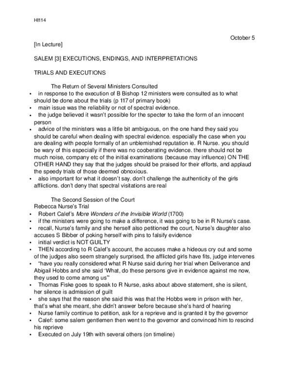 HI114 Lecture Notes - Abigail Hobbs, Spectral Evidence, Increase Mather thumbnail