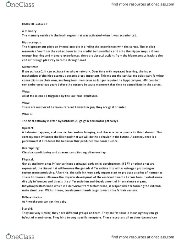 HMB200H1 Lecture Notes - Lecture 9: Classical Conditioning, Estrogen Receptor, Brainstem thumbnail