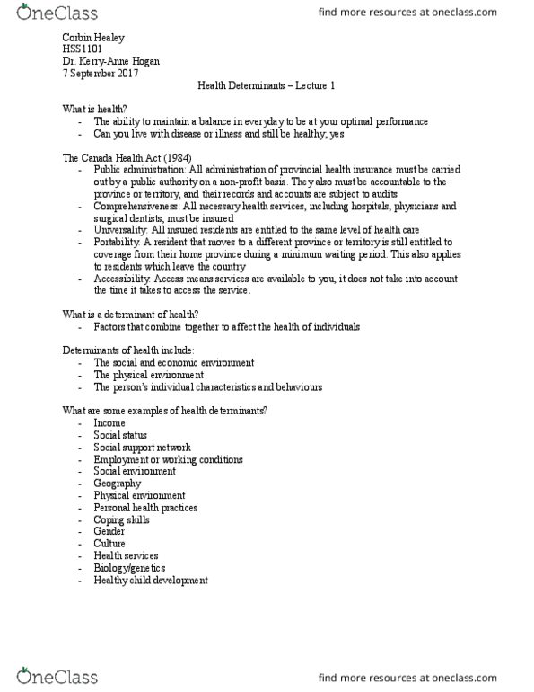 HSS 1101 Lecture Notes - Lecture 1: Canada Health Act, Public Administration, Social Environment thumbnail