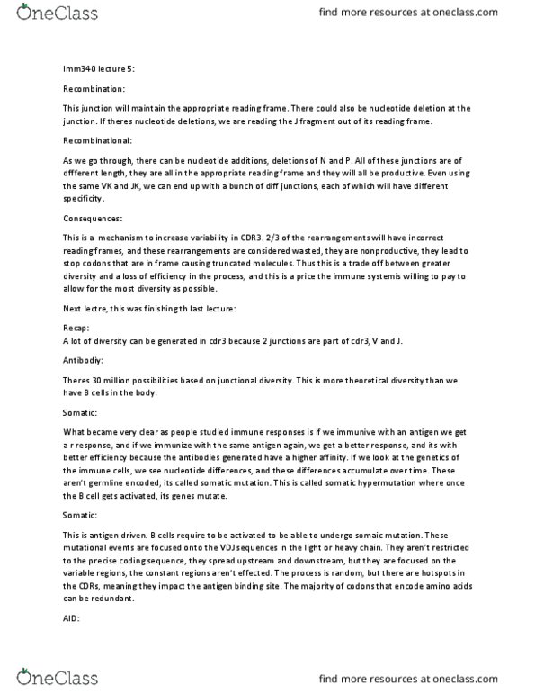 IMM340H1 Lecture Notes - Lecture 5: Immunoglobulin Class Switching, Immunoglobulin Heavy Chain, Mutation thumbnail