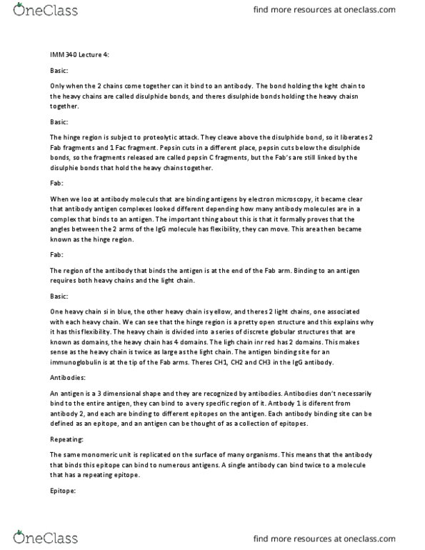 IMM340H1 Lecture Notes - Lecture 4: Disulfide, Epitope, Immunoglobulin Domain thumbnail