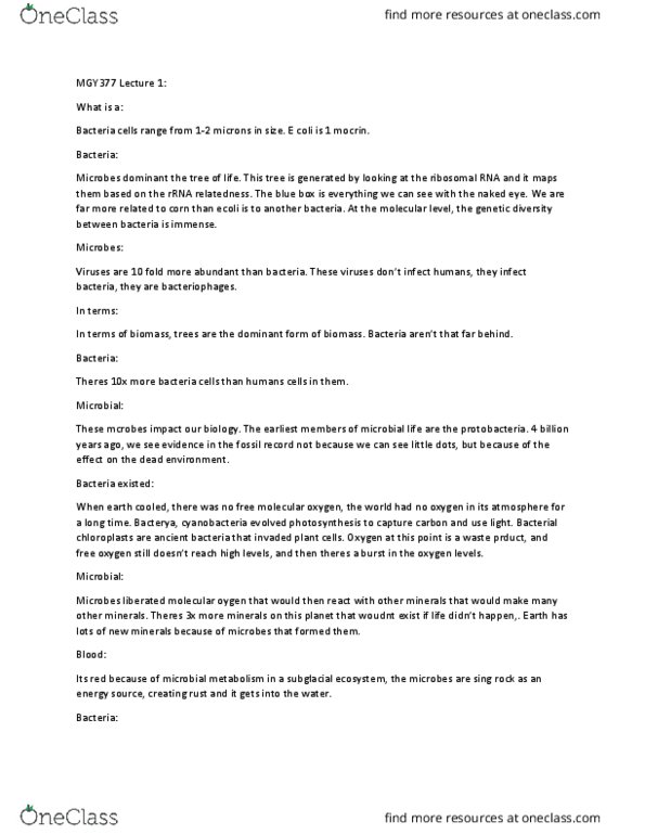 MGY377H1 Lecture Notes - Lecture 1: Cellulose, Cyanobacteria, Ribosomal Rna thumbnail