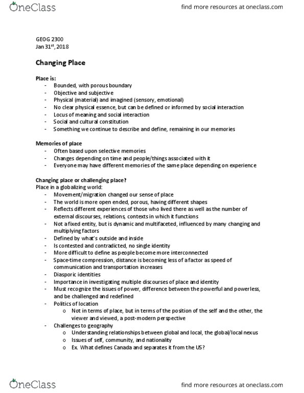 GEOG 2300 Lecture Notes - Lecture 4: Spacetime, Glocalization, Place Branding thumbnail