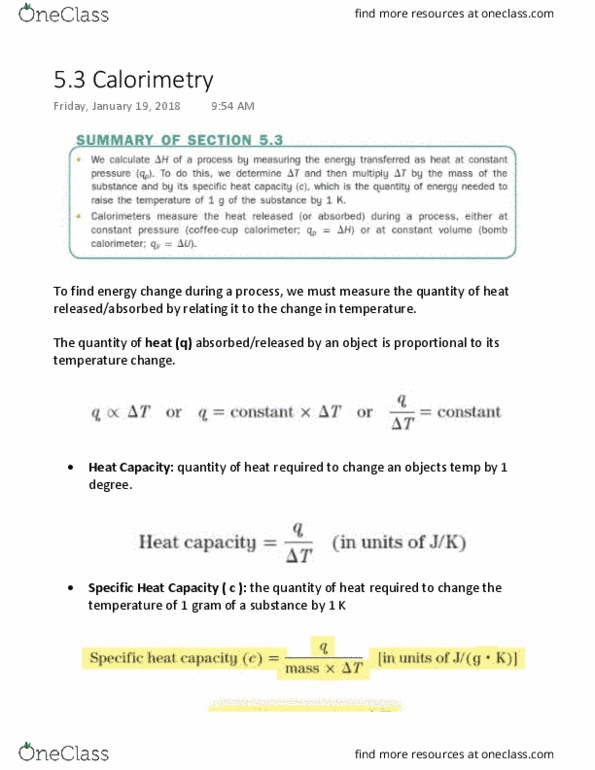 CHEM 120 Lecture Notes - Lecture 5: Heat Capacity, Calorimetry thumbnail