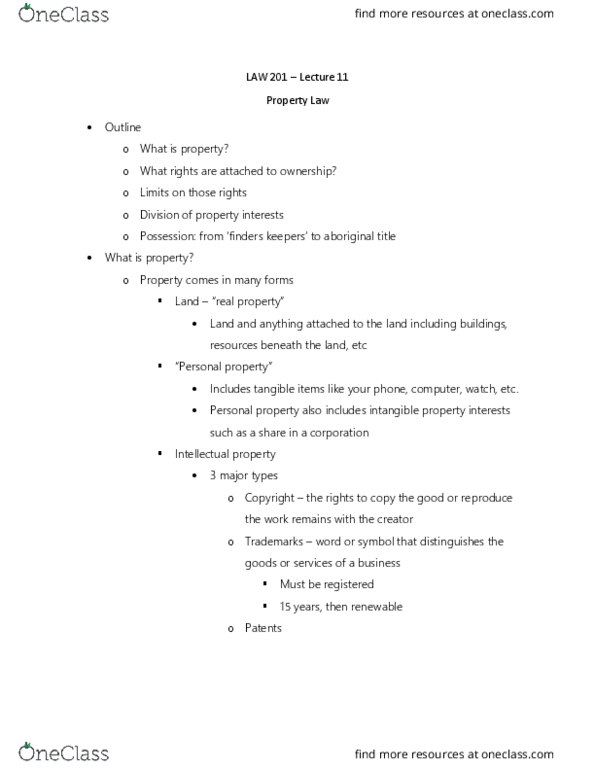 LAW 201 Lecture Notes - Lecture 11: Intangible Property, Personal Property thumbnail