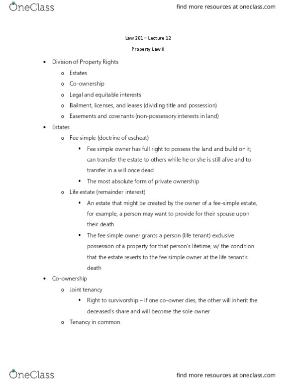 LAW 201 Lecture Notes - Lecture 12: Concurrent Estate, Fee Simple, Property Law thumbnail