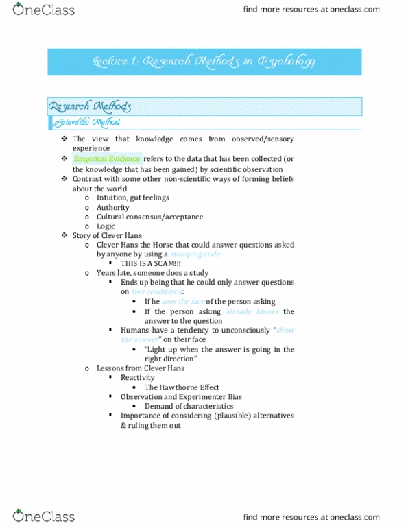 PSY100H1 Lecture Notes - Lecture 1: Hawthorne Effect, Dependent And Independent Variables, Concept Map thumbnail