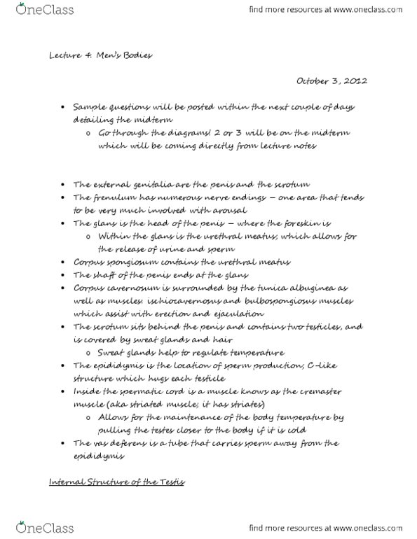 PSY354H5 Lecture Notes - Lecture 4: Acrosome, Epididymis, Corpus Spongiosum Penis thumbnail
