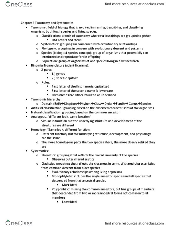 BIOL 244 Chapter Notes - Chapter 8: Binomial Nomenclature, Symplesiomorphy, Phenetics thumbnail