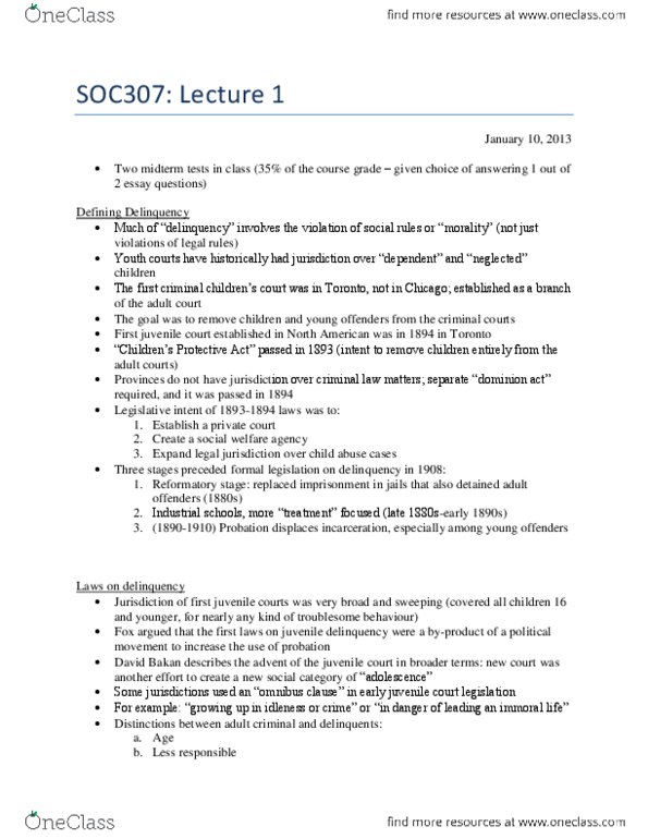SOC307H5 Lecture Notes - Juvenile Delinquency, Legislative Intent, Juvenile Court thumbnail