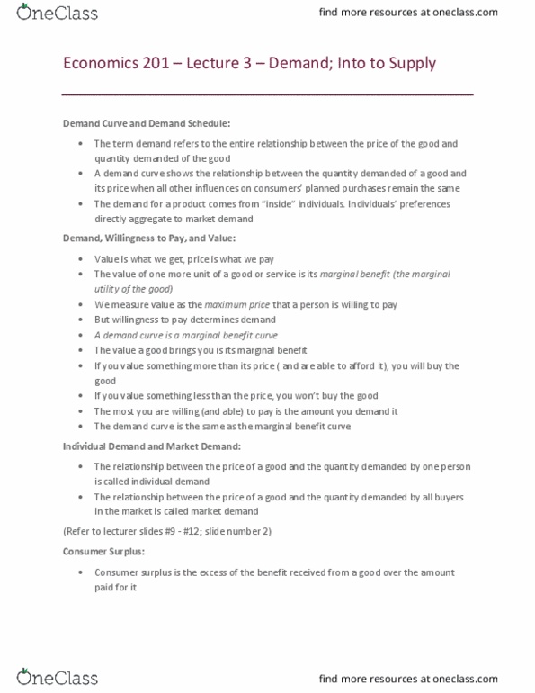 EC 201 Lecture Notes - Lecture 3: Economic Surplus, Marginal Utility, Demand Curve thumbnail