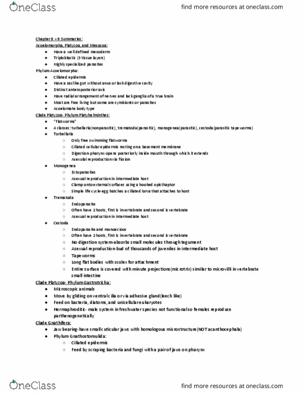 BIOL 2325 Lecture Notes - Lecture 4: Acoelomorpha, Monogenea, Platyzoa thumbnail