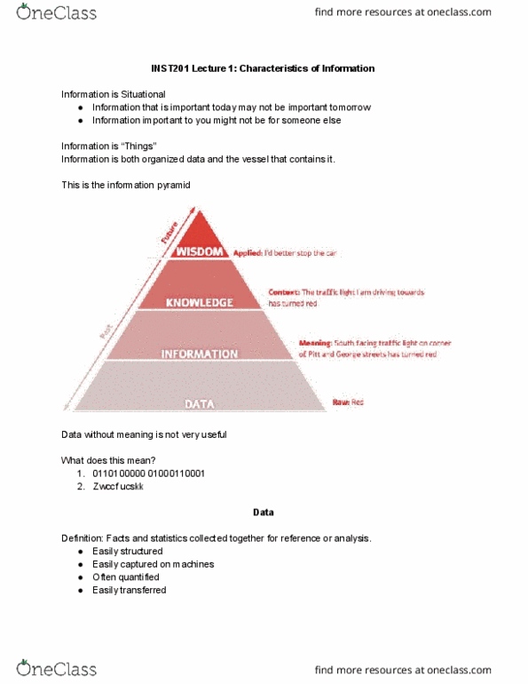 INST 201 Lecture Notes - Lecture 1: Tacit Knowledge, Data Definition Language, Explicit Knowledge thumbnail