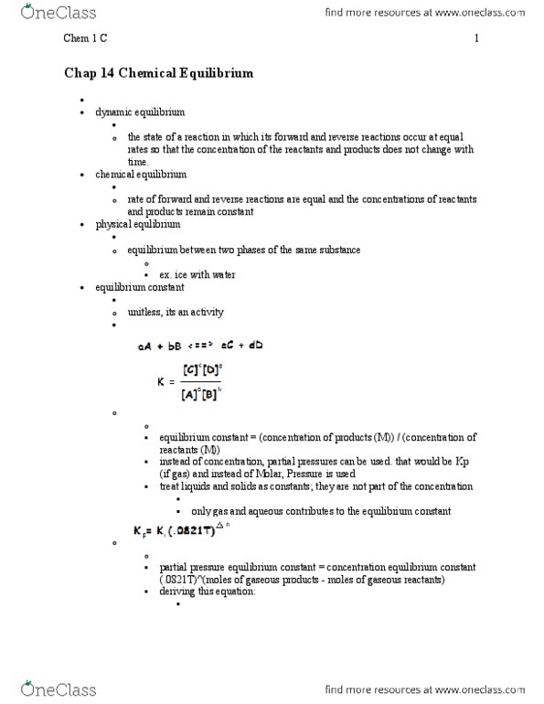 CHEM 1C Lecture Notes - Dynamic Equilibrium, Reaction Rate Constant, Partial Pressure thumbnail