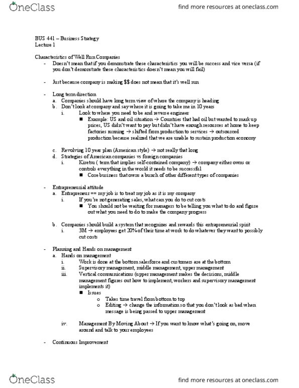 BUS 441 Lecture Notes - Lecture 1: Reverse Engineering, Strategic Alliance, Total Quality Management thumbnail