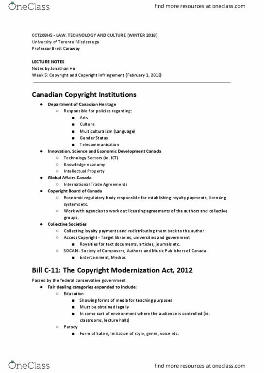 CCT206H5 Lecture Notes - Lecture 5: Copyright Modernization Act, Global Affairs Canada, Access Copyright thumbnail
