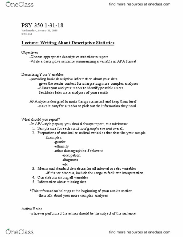 PSY 350 Lecture Notes - Lecture 9: Apa Style, Descriptive Statistics, Sample Size Determination thumbnail