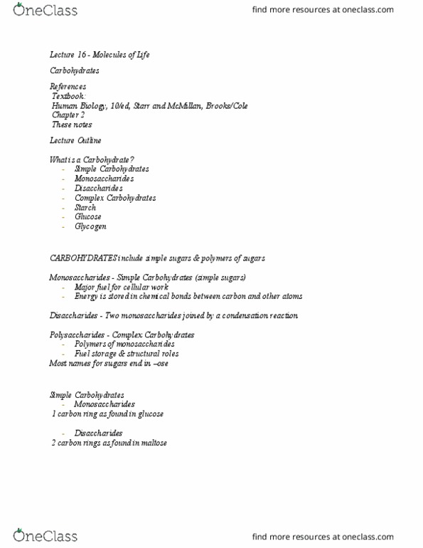 NATS 1610 Lecture Notes - Lecture 16: Carbohydrate, Polysaccharide, Starch thumbnail