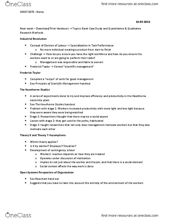 GMGT 2070 Lecture Notes - Lecture 1: Hawthorne Effect, High High, Scientific Management thumbnail