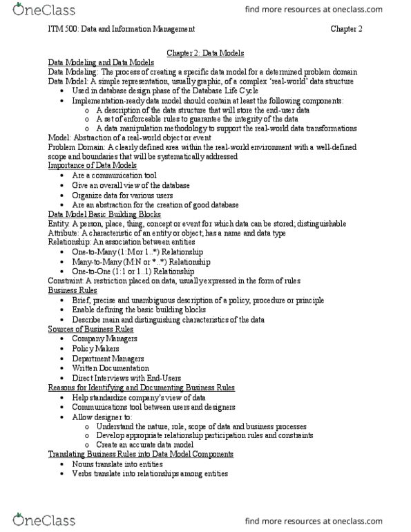 ITM 500 Chapter Notes - Chapter 2: Database Model, Database Design, Data Management thumbnail