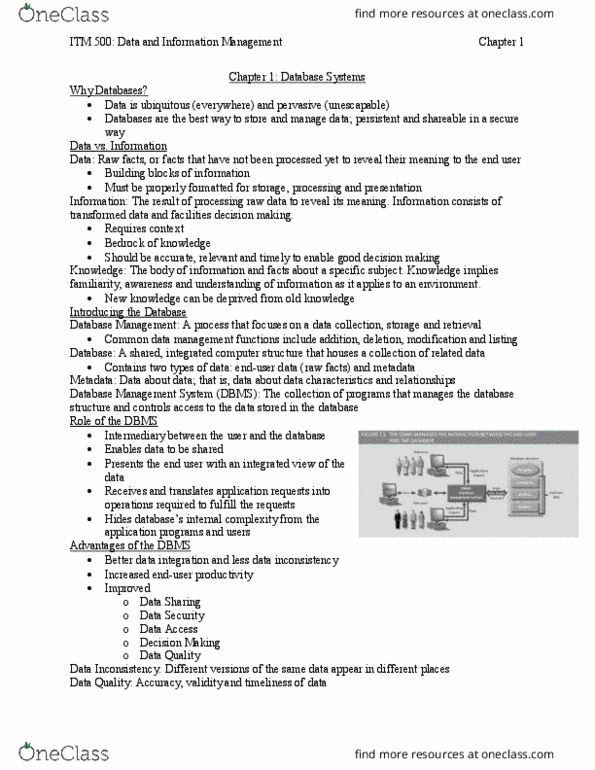 ITM 500 Chapter Notes - Chapter 1: Database, Cloud Database, Database Security thumbnail