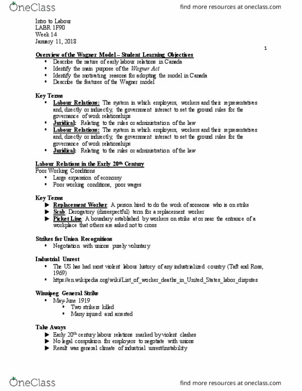 LABR 1F90 Lecture Notes - Lecture 14: Winnipeg General Strike, National Labor Relations Act, Labour Candidates And Parties In Canada thumbnail