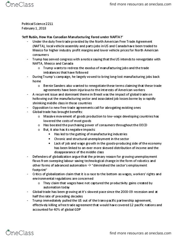 Political Science 2211E Chapter Notes - Chapter Rubin: North American Free Trade Agreement, Stumpage, Canadian Dollar thumbnail