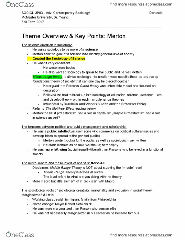 SOCIOL 3P03 Lecture Notes - Lecture 1: Merton Thesis, Matthew Effect, Contemporary Sociology thumbnail