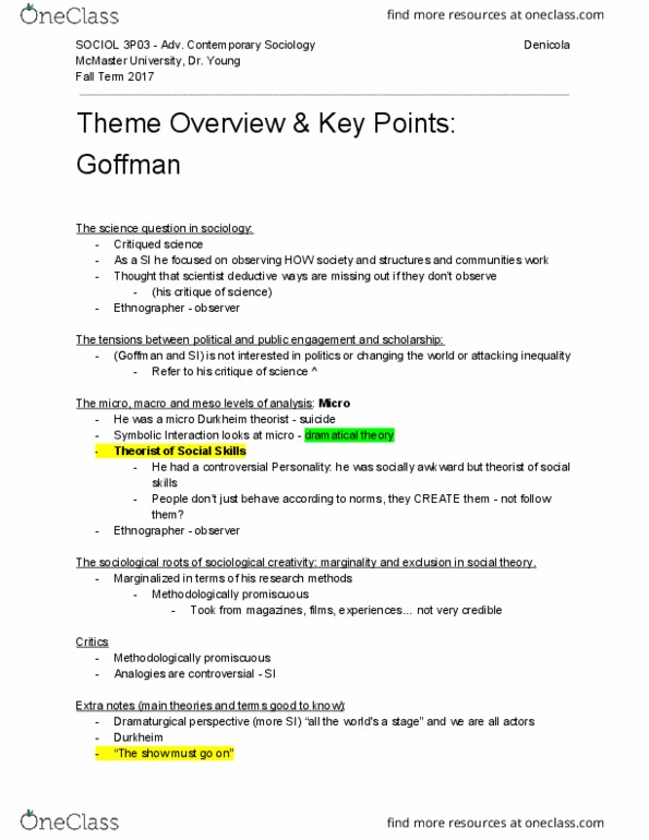 SOCIOL 3P03 Lecture Notes - Lecture 4: Contemporary Sociology, Erving Goffman thumbnail