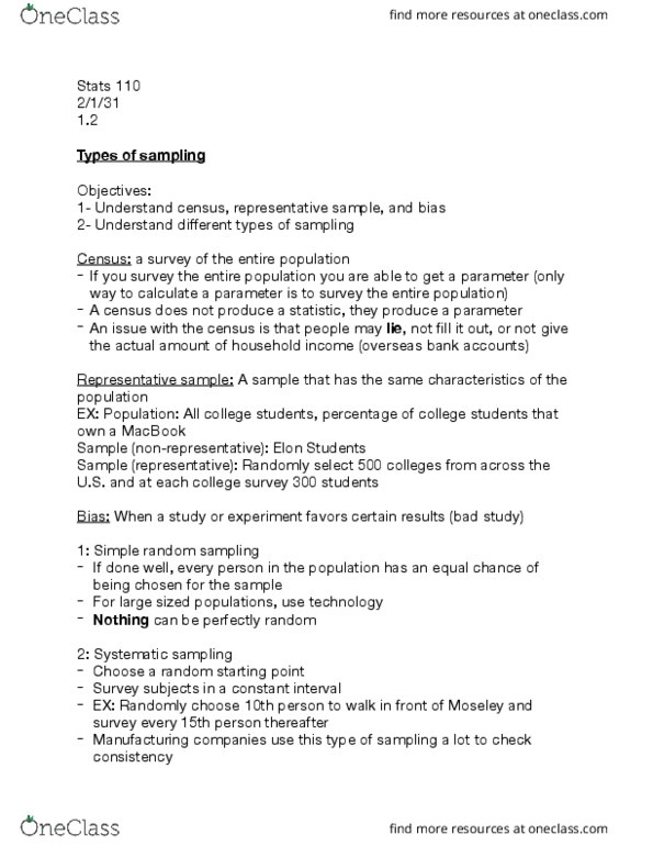 STS 110 Lecture Notes - Lecture 2: Simple Random Sample, Convenience Sampling, Systematic Sampling thumbnail