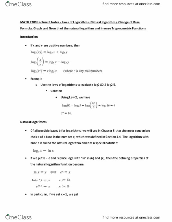 MATH 1300 Lecture Notes - Lecture 8: Inverse Trigonometric Functions, Binary Logarithm, Trigonometric Functions thumbnail