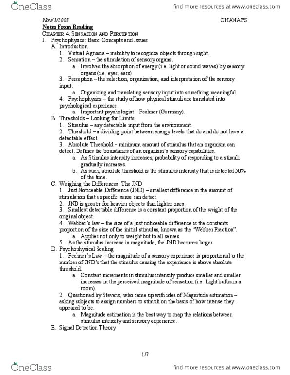 PSY100Y5 Chapter Notes - Chapter 4: Agnosia, Far-Sightedness, Detection Theory thumbnail