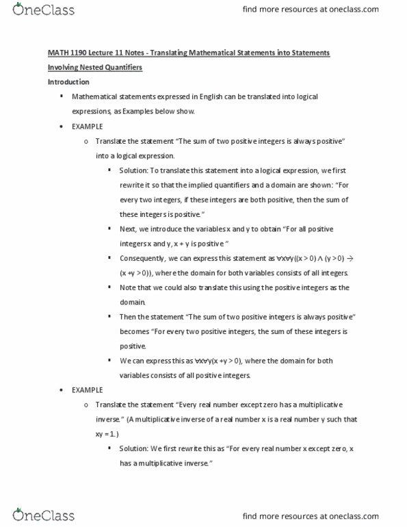 MATH 1190 Lecture 11: Translating Mathematical Statements into Statements Involving Nested Quantifiers thumbnail